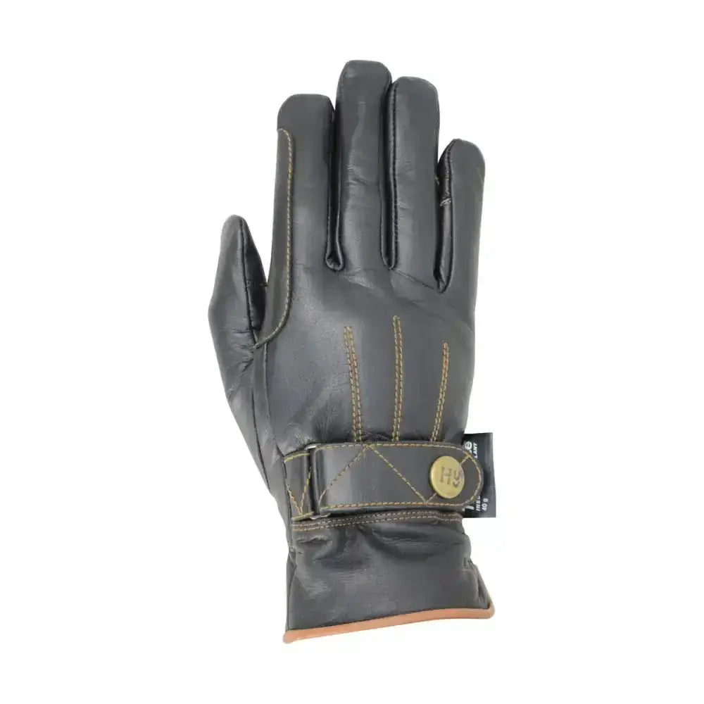 Black leather winter riding gloves with tan stitching and gold-tone button closure equestrian thinsulate leather ultimate winter gloves