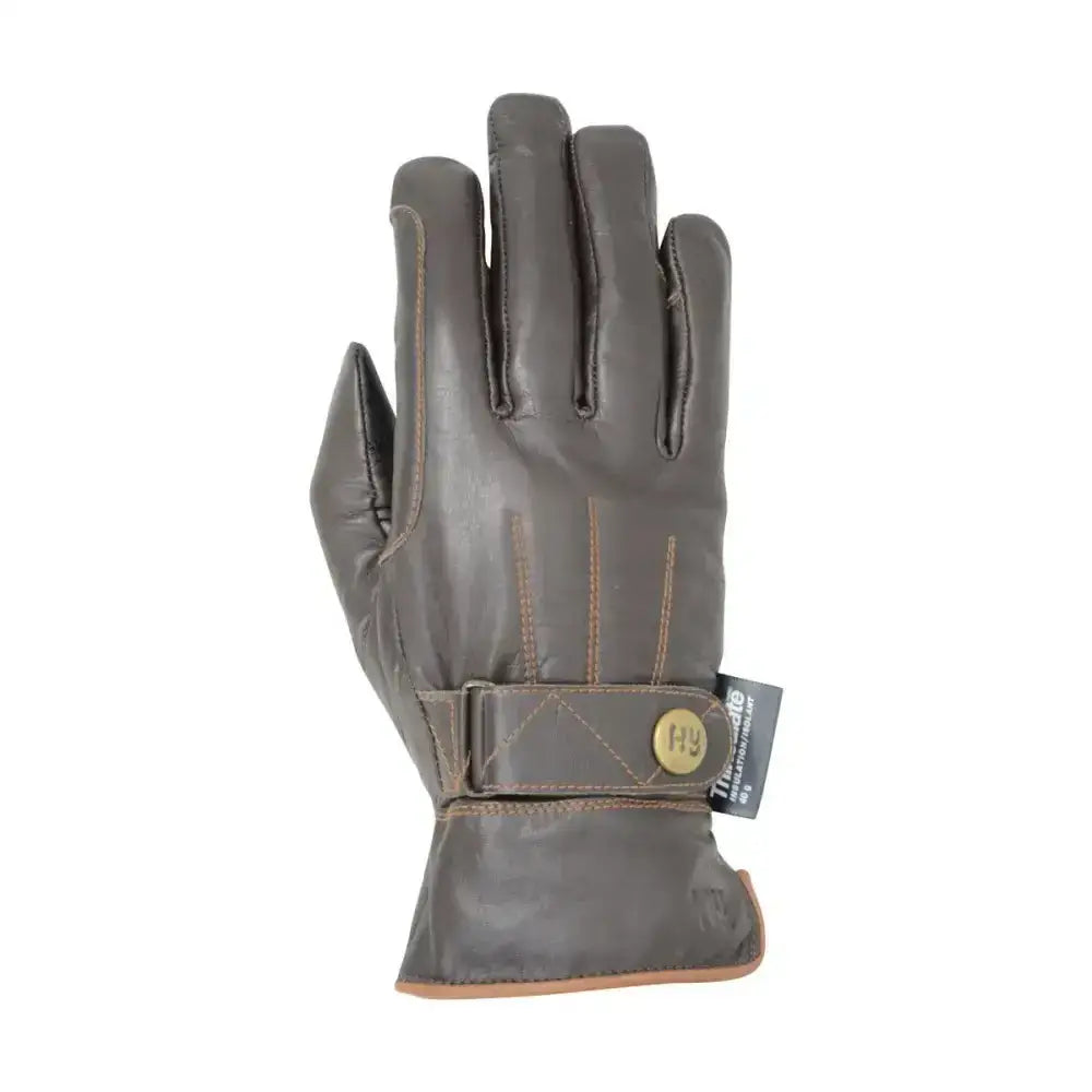 Dark brown leather winter riding gloves with tan stitching and brass button closure by hy equestrian thinsulate ultimate winter gloves