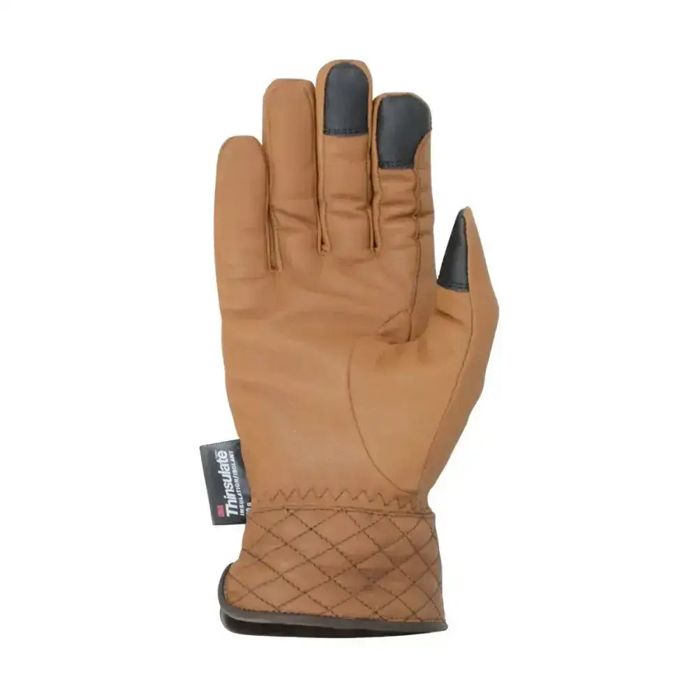 Tan leather motorcycle glove with black reinforced fingertips and quilted soft leather wrist cuff for winter riding gloves