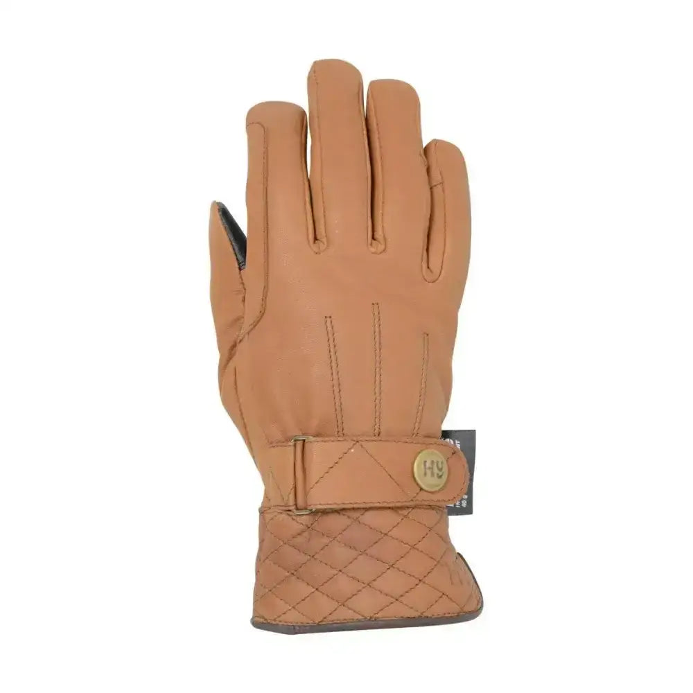 Tan leather winter riding gloves with quilted soft leather wrist strap and gold-tone button by hy equestrian thinsulate