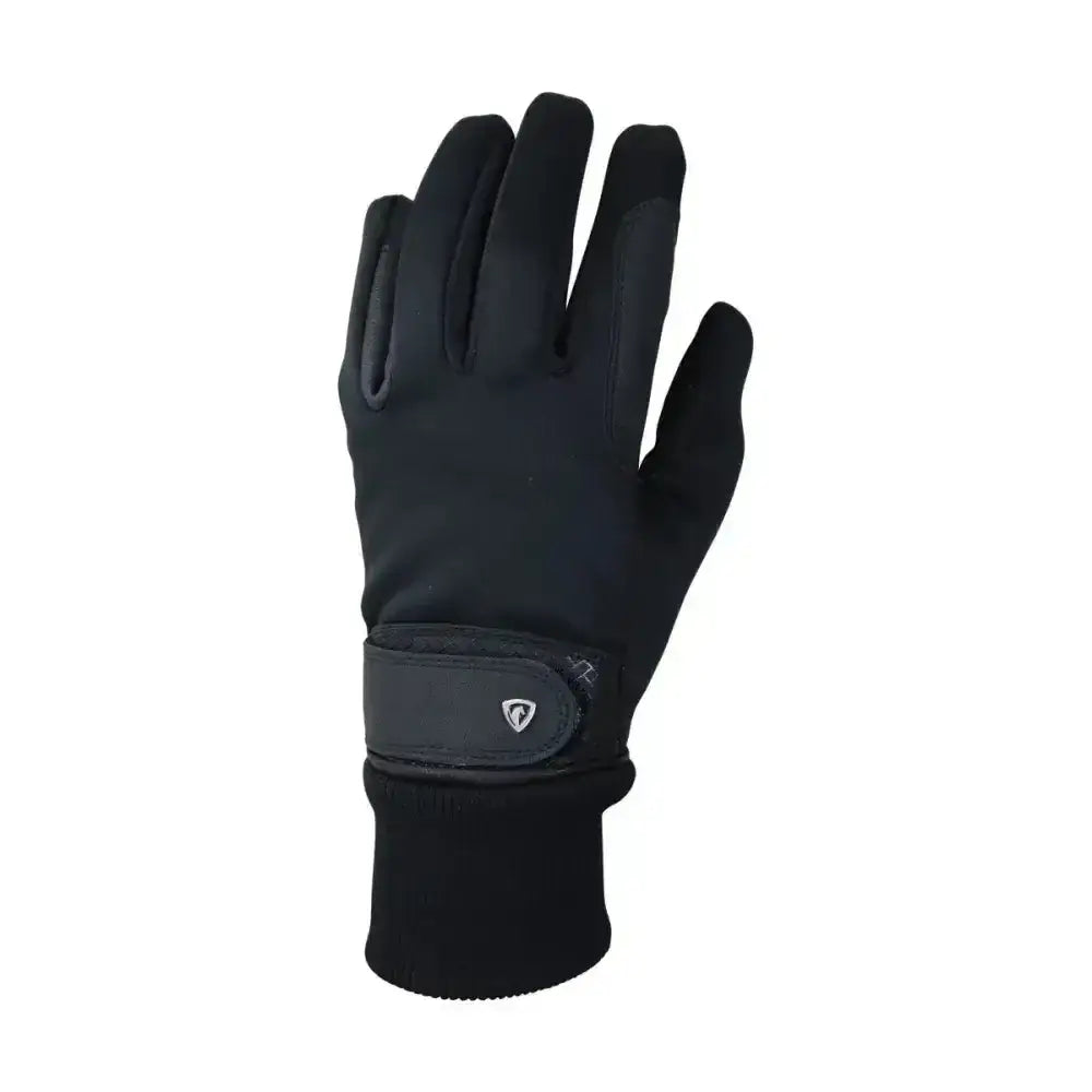Black hy equestrian thinsulate rainstorm gloves with touchscreen fabric and snug wrist strap for riding in wet weather