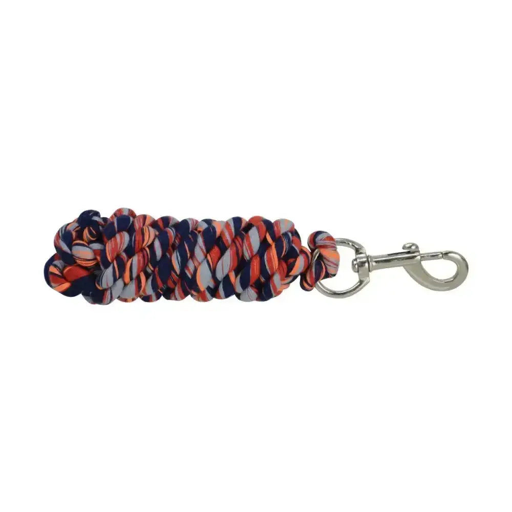 A braided equestrian three toned lead rope with navy blue orange and white stripes and a silver metal clip
