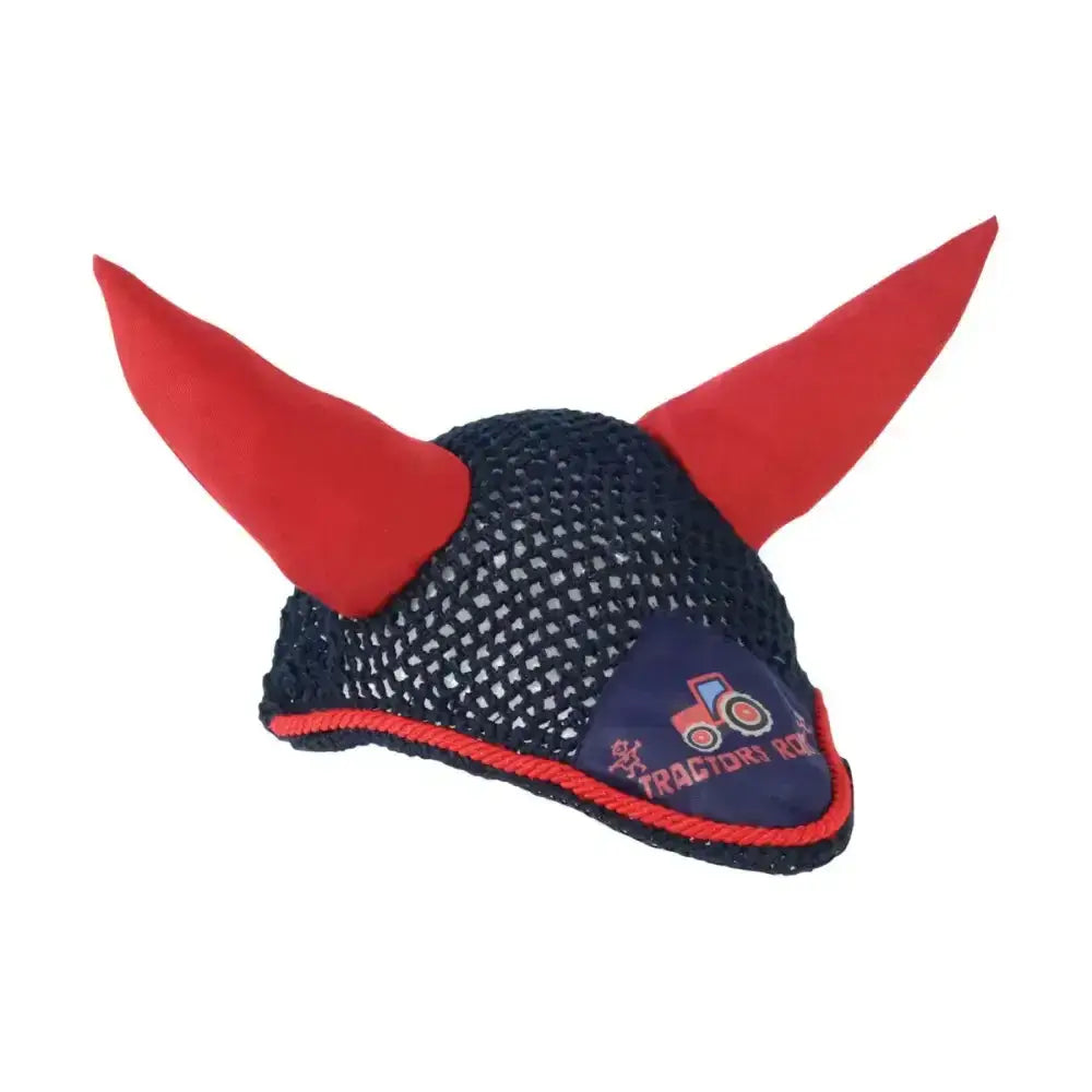 Red and navy blue horse ear bonnet with plush horns made of quality close-knit crochet from Hy Equestrian Tractors Rock