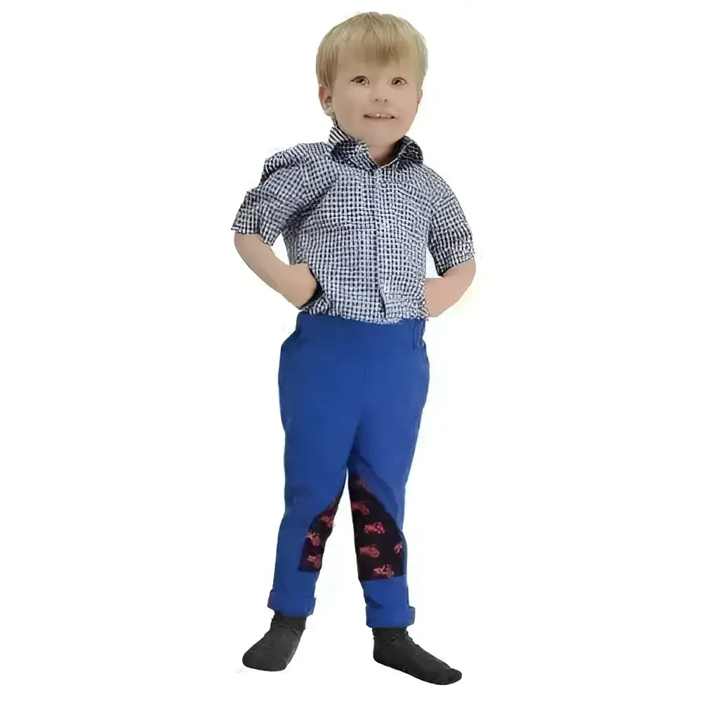 Blue Hy Equestrian rock tots jodhpurs with black patterned knee patches for riding and equestrian tractors rock style