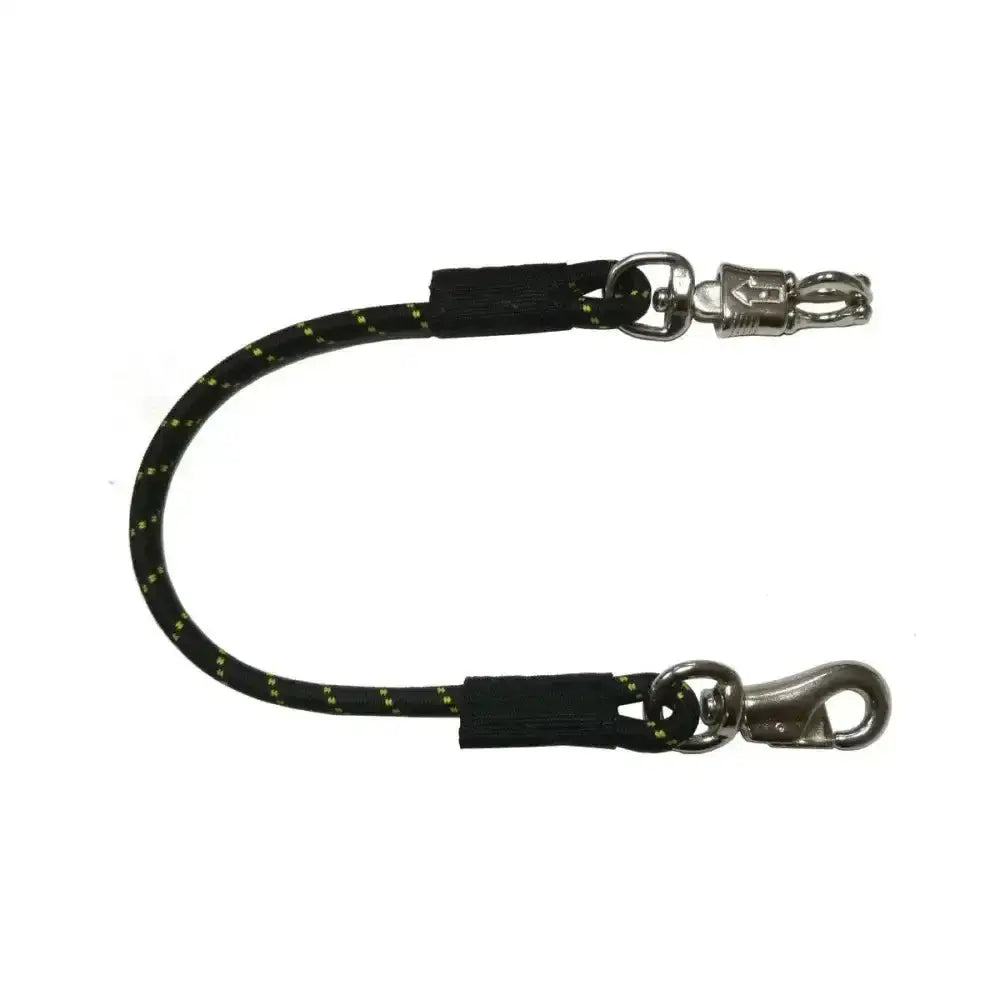 Black and yellow speckled rope equestrian trailer tie with silver metal clasps for secure horse leads and trailer ties