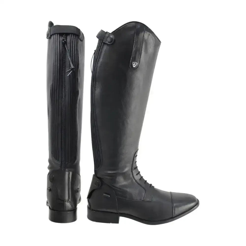 Black leather hy equestrian tuscan field riding boot with back zipper and front laces perfect for field riding