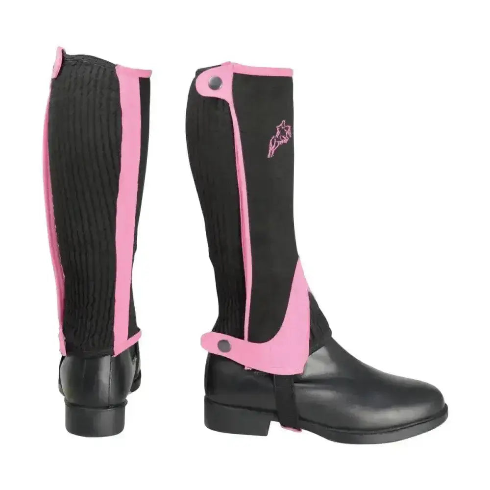 Black and pink equestrian two tone amara half chaps for kids with ribbed texture and embroidered horse logo