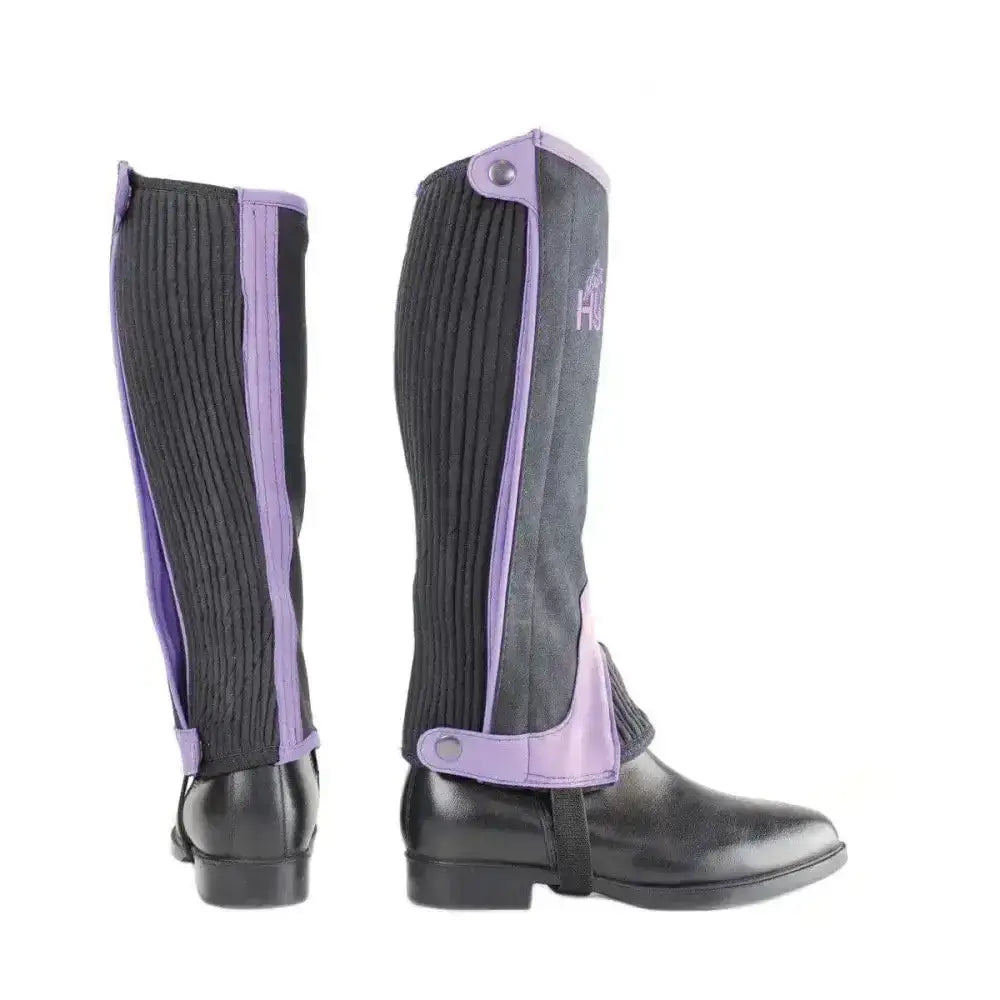 Purple and black ribbed hy equestrian two tone amara half chaps designed for durable kids riding use