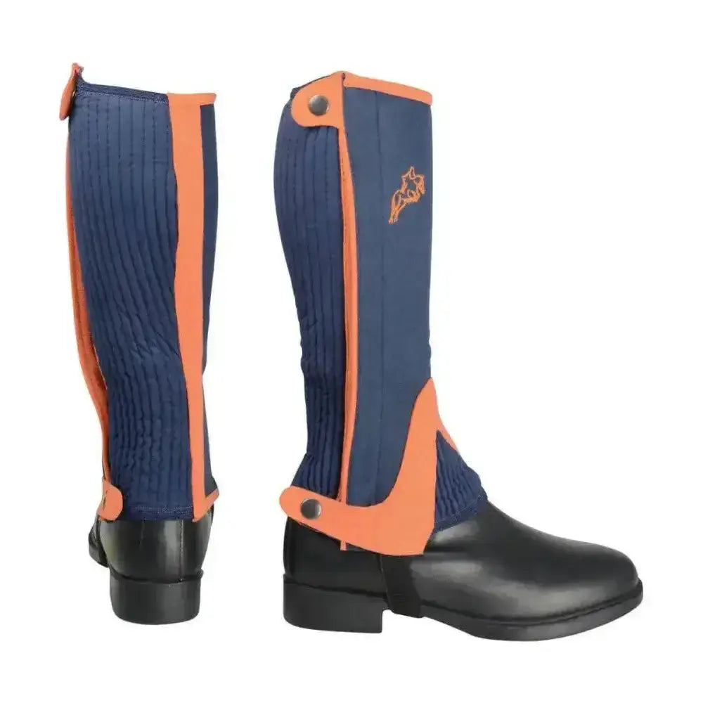 Navy blue and orange ribbed equestrian two tone amara half chaps for kids with stitched horse logo on the side