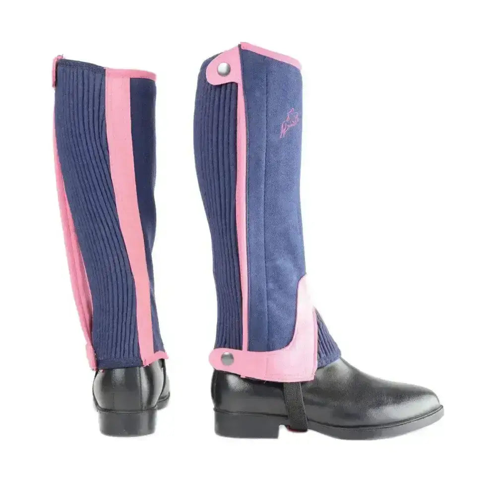 Navy blue and pink hy equestrian two tone amara half chaps for kids with ribbed texture and suede accents
