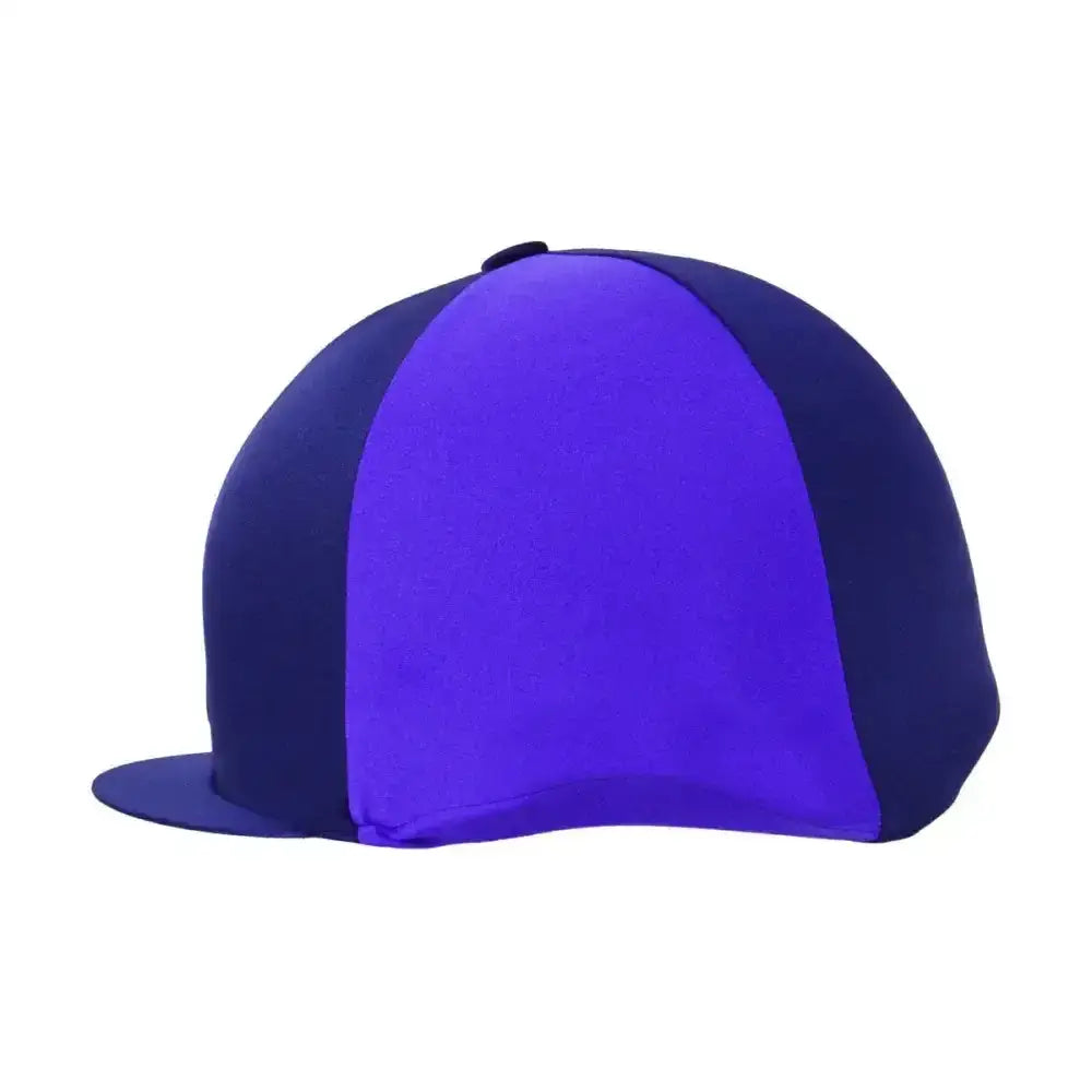 Hy equestrian two tone hat cover in royal purple and navy blue made from lycra for a sleek equestrian two tone look