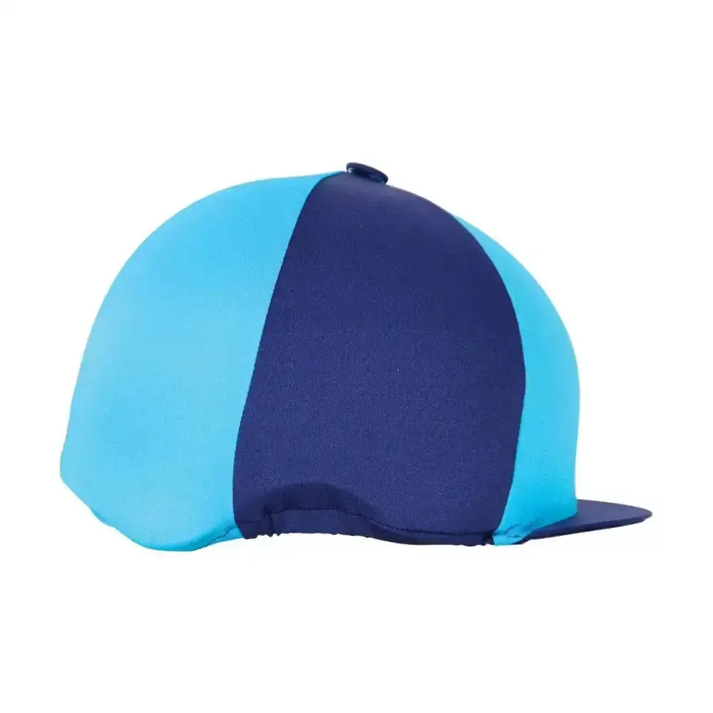 Hy Equestrian two tone lycra hat cover in blue with light cyan side and navy panel featuring a flat brim