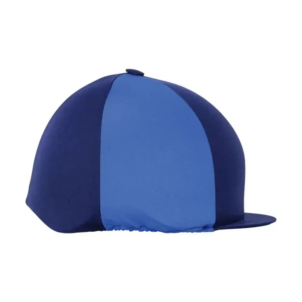 Navy and royal blue striped two tone lycra hat cover with flat brim for equestrian riding from hy equestrian