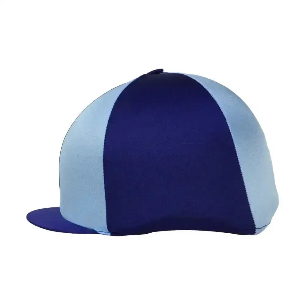 Hy equestrian two tone lycra hat cover in navy and light blue with smooth fabric perfect for riders