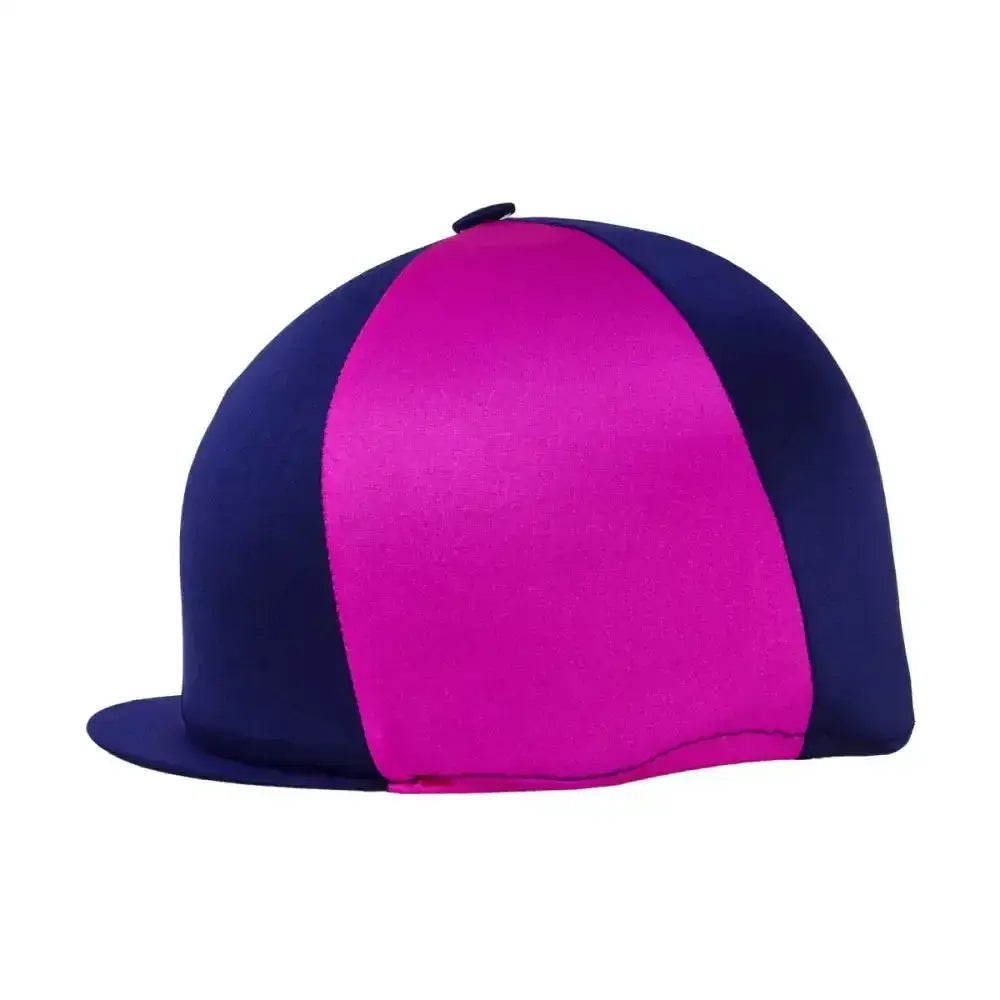 Hy equestrian two tone hat cover in vibrant pink and navy blue smooth satin finish two tone lycra hat cover