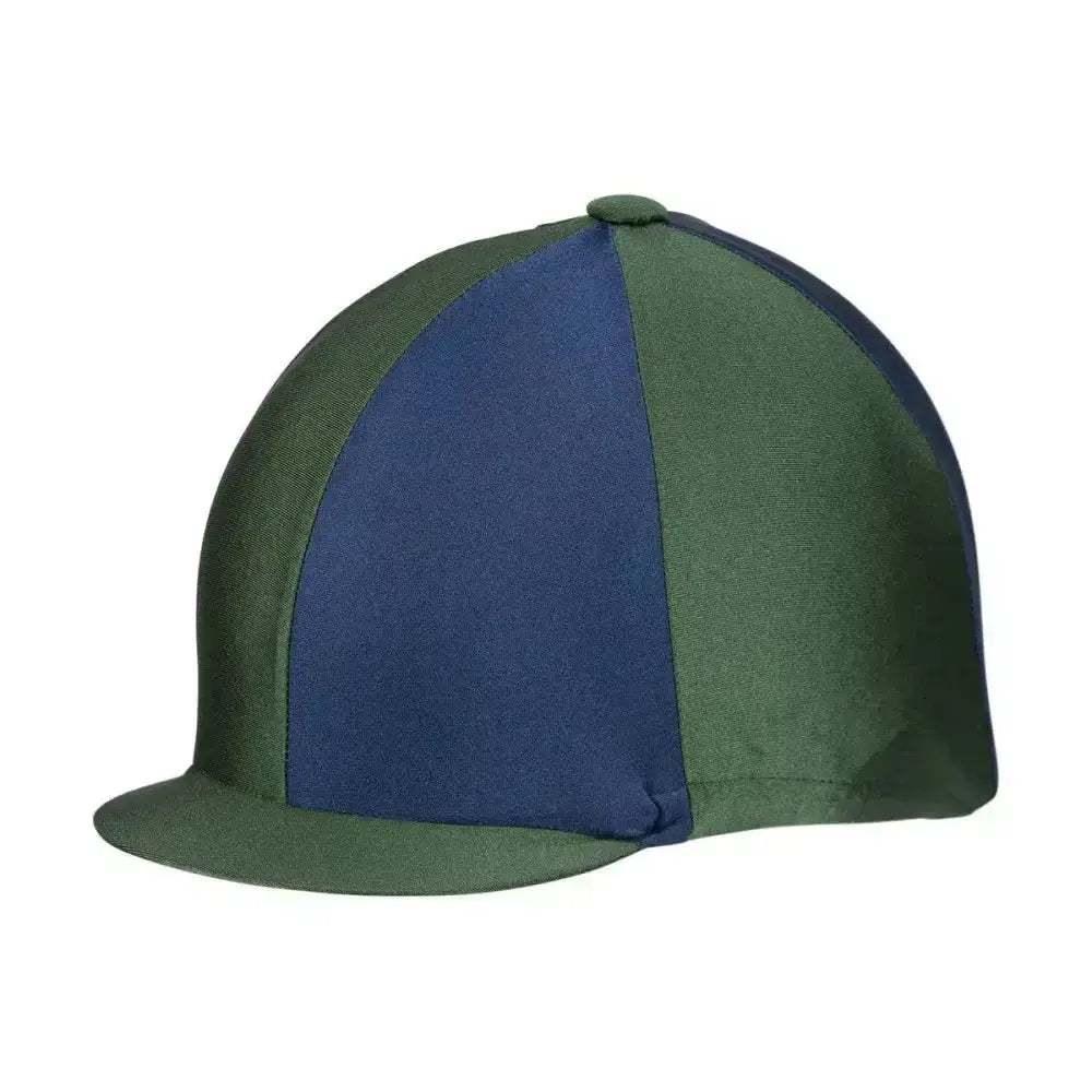 A sleek equestrian two tone helmet cover in olive green and navy blue lycra silks perfect for a fashionable lycra hat