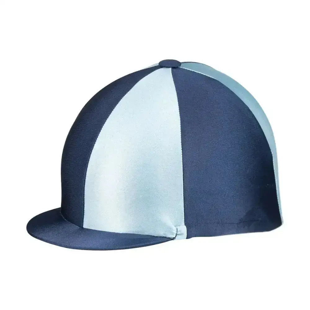 Navy and silver striped equestrian two tone lycra silks helmet cover for a fashionable lycra hat look