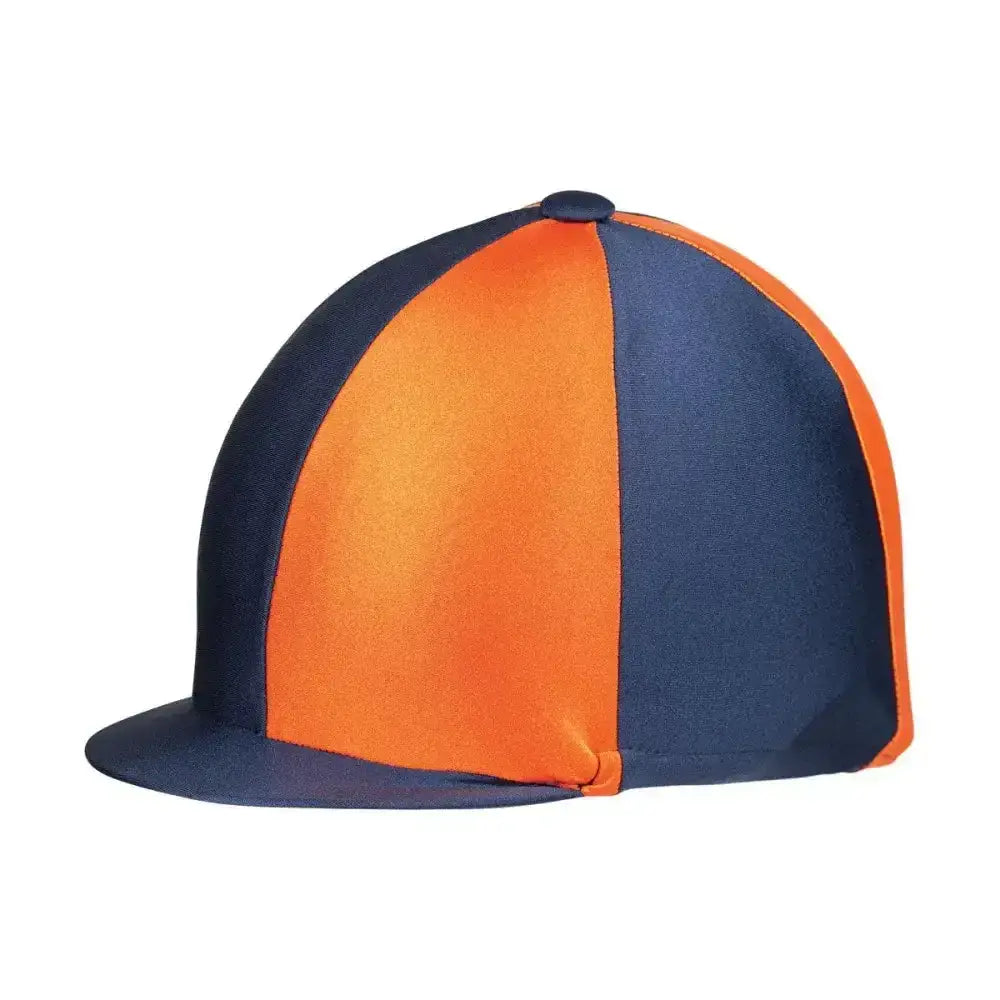 Navy blue and orange striped equestrian two tone lycra silks cap with flat brim, a fashionable lycra hat for riding