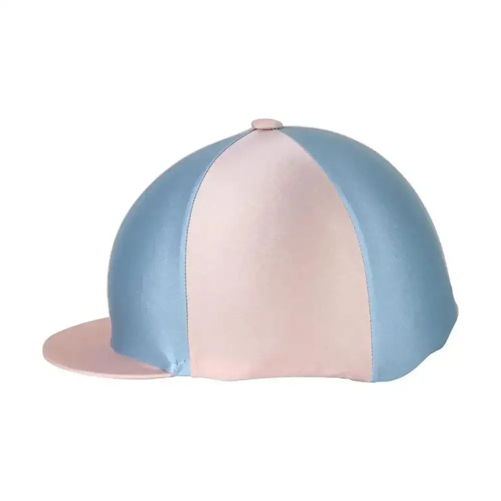 Pastel blue and pink equestrian two tone helmet cover with smooth satin finish from hy equestrian lycra silks