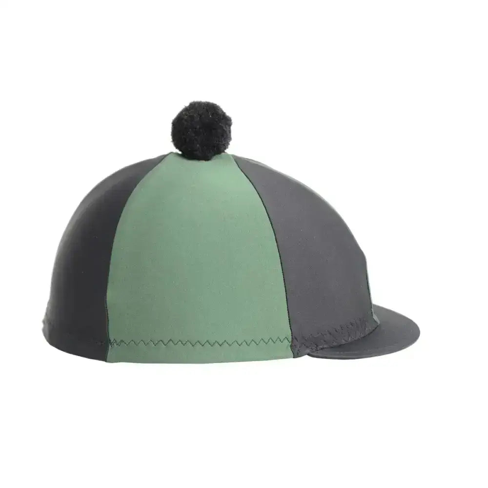 Hy equestrian two tone lycra silks helmet cover in sage green and charcoal gray with a fantastic bobble hat design