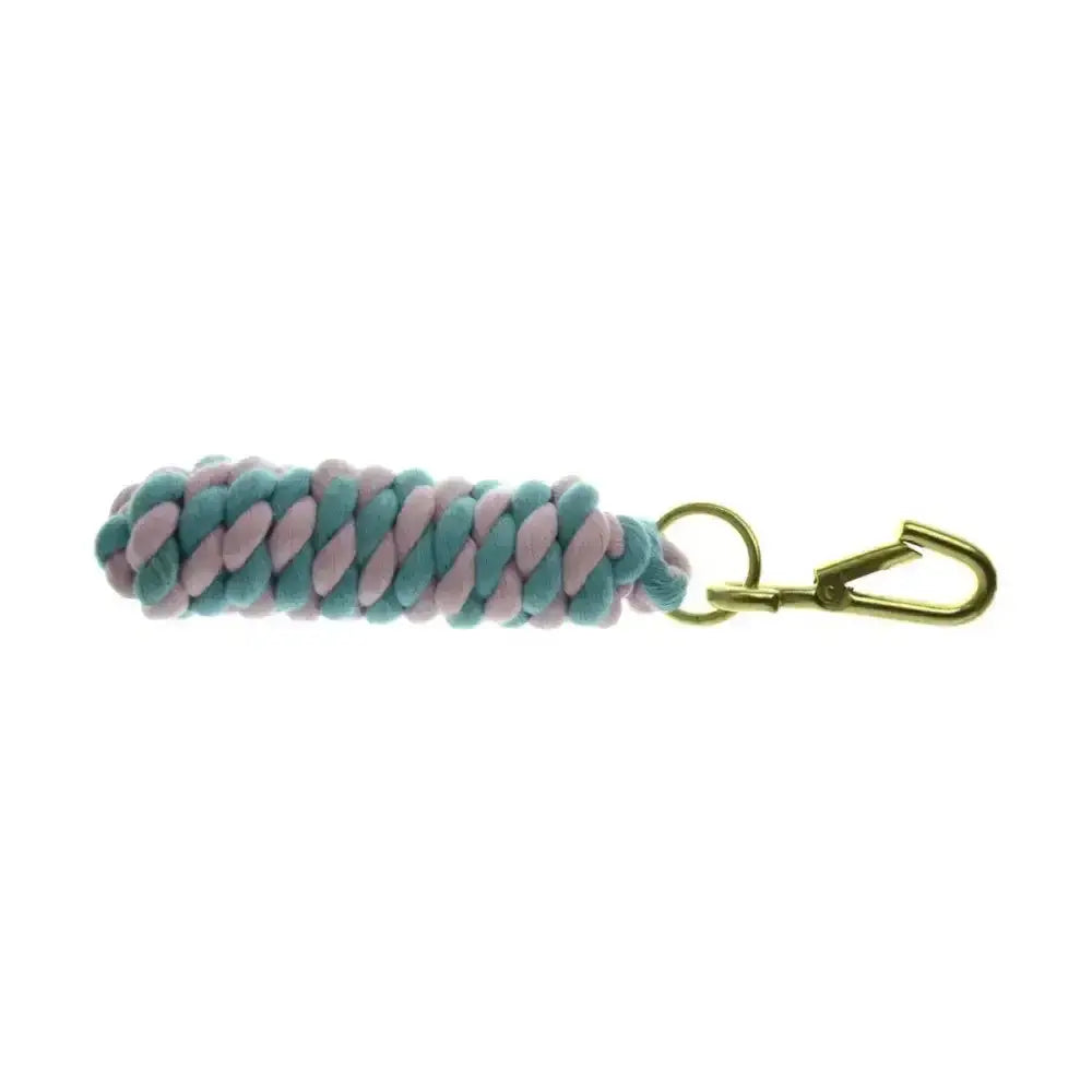 A braided equestrian two tone twisted lead rope with teal and lavender cords and a gold metal clip