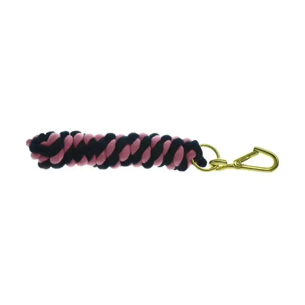 A braided pink and black equestrian two tone twisted lead rope keychain with a gold-tone carabiner clip