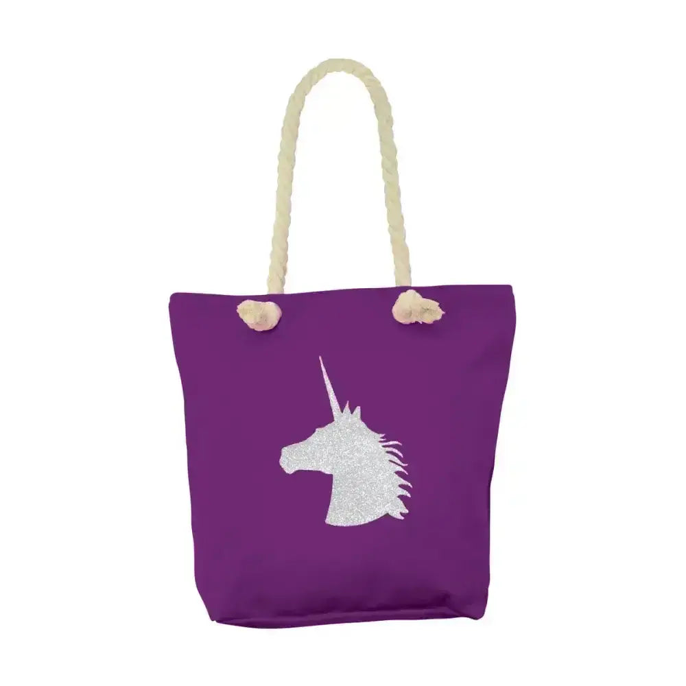 Purple canvas hy equestrian unicorn glitter tote bag with silver unicorn design and chunky rope handles