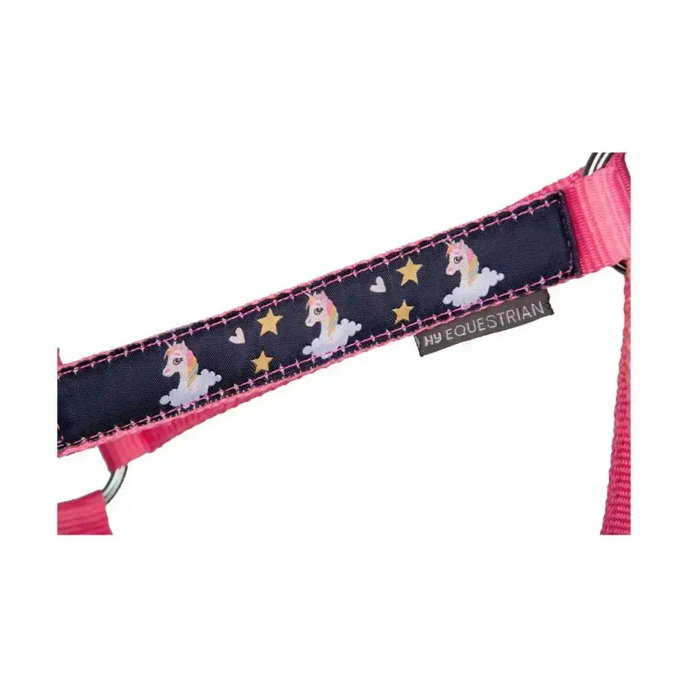 Pink and navy blue unicorn magic head collar with embroidered stars and hearts from hy equestrian set