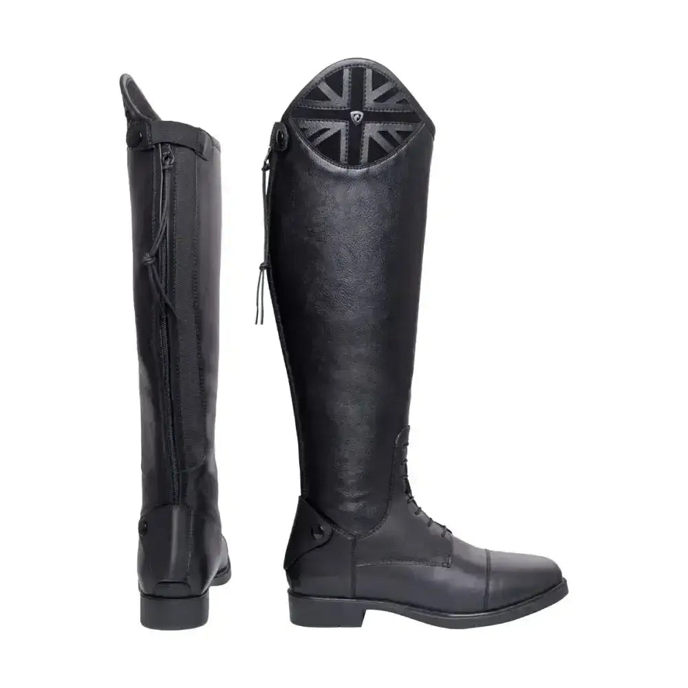 Black leather hy equestrian union jack riding boots showing patriotic union jack emblem on back of upper