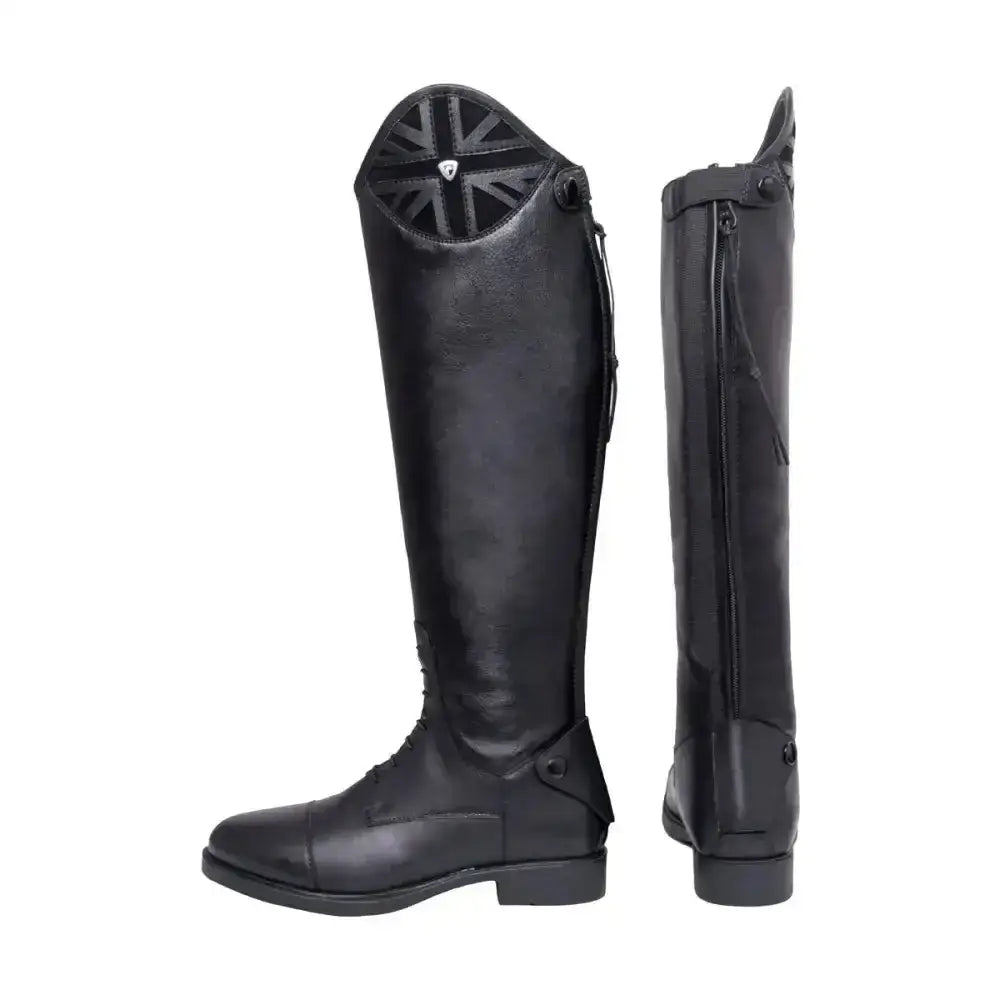 Black leather hy equestrian union jack riding boots with patriotic union jack emblem on upper shaft