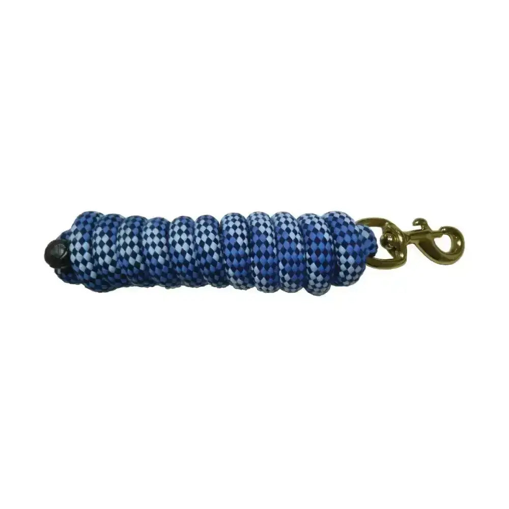 Hy equestrian universal lead rope in blue and white checkered braided design with gold-toned metal clip for equestrian use