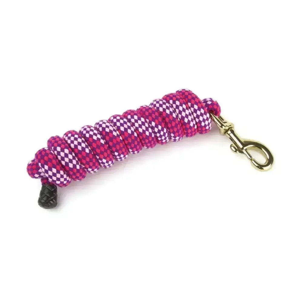 A vibrant pink and purple checkered hy equestrian universal lead rope with gold metal clip for easy handling