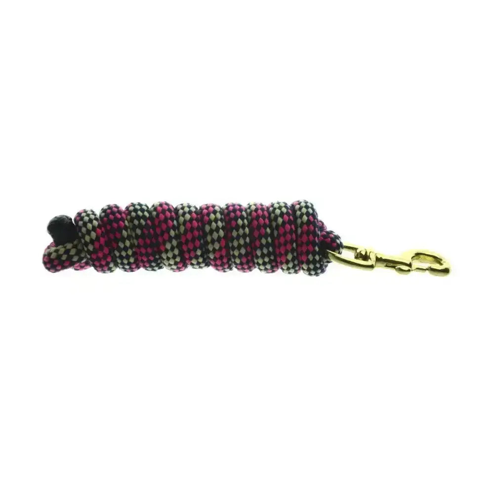 Hy Equestrian universal lead rope with braided pink gray and black handle and gold-tone metal clip for equestrian use