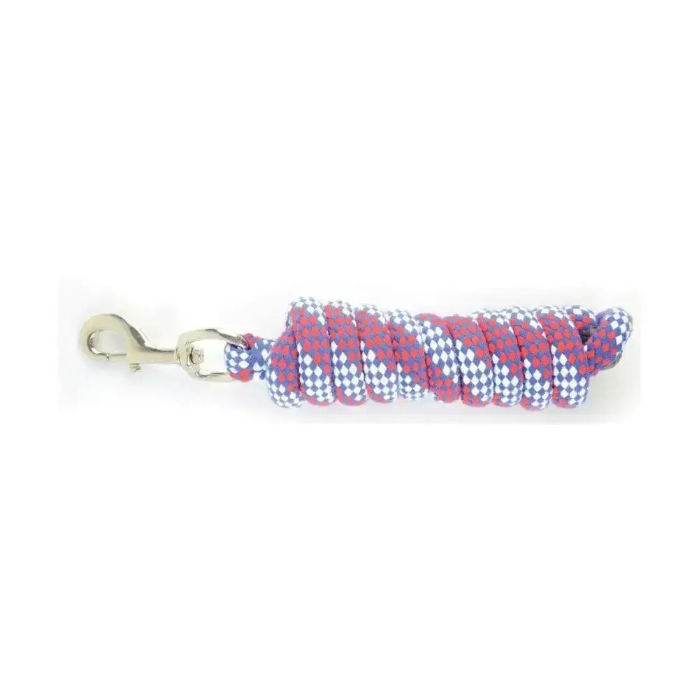 Coiled Hy Equestrian universal lead rope with red white and blue checkered pattern and silver metal clip