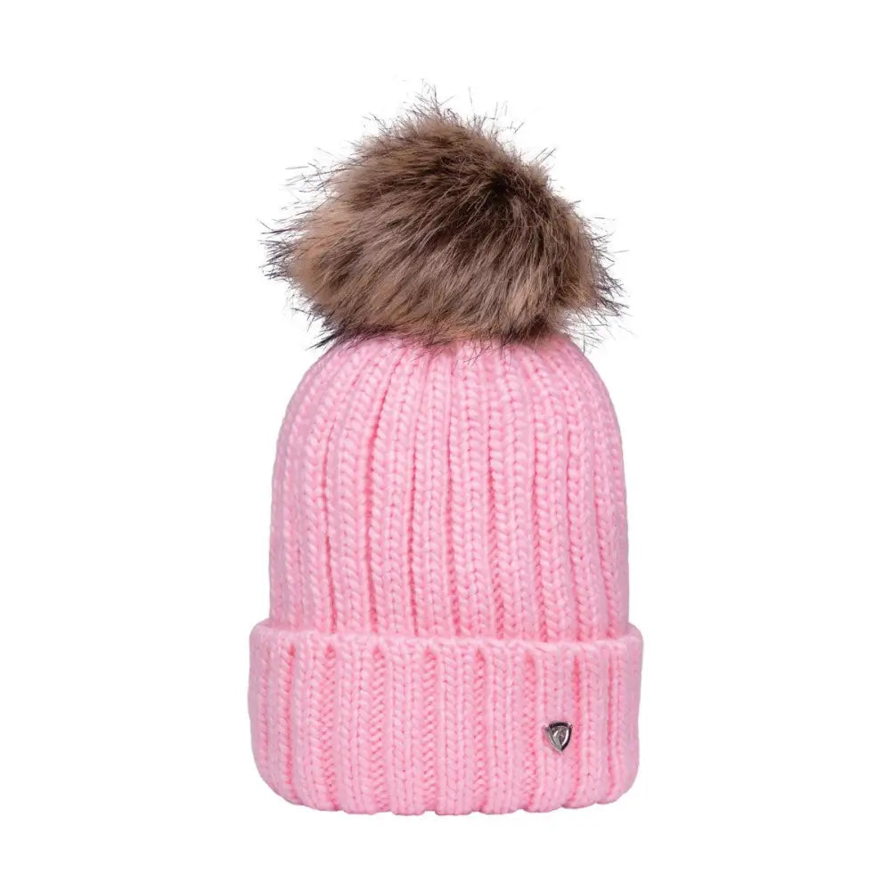 Pink ribbed knit bobble hat with brown faux fur pom pom hy equestrian valloire children’s hat