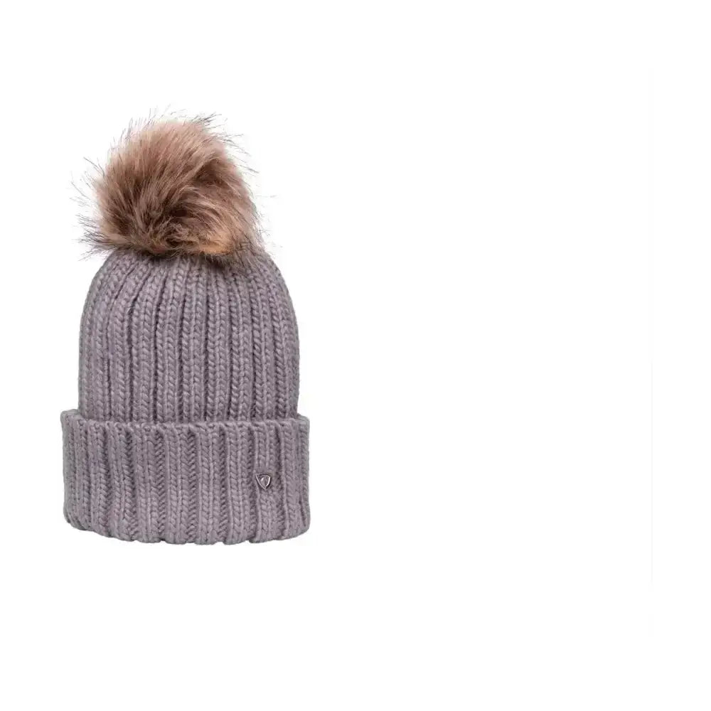 Gray ribbed knit equestrian valloire children’s bobble hat with a fluffy brown pom-pom on top