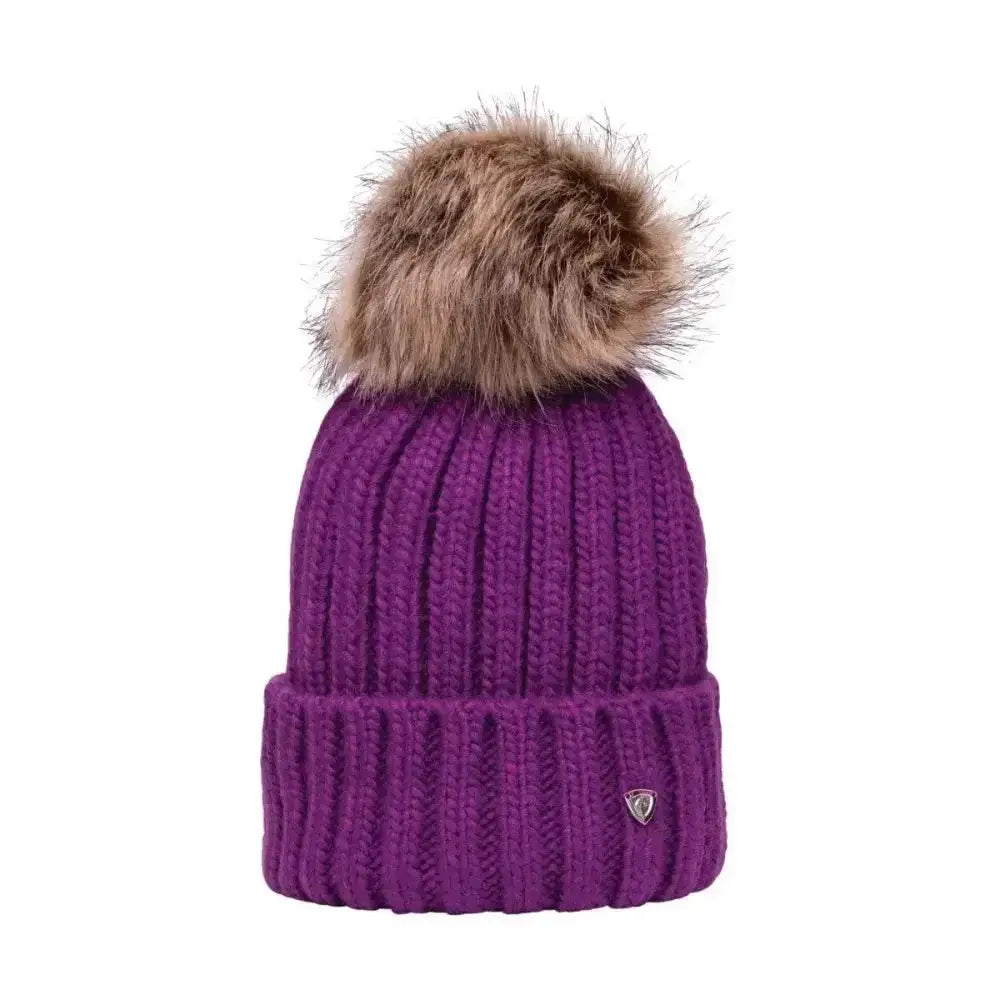 Purple ribbed knit equestrian valloire children’s bobble hat with a fluffy brown faux fur pom pom on top
