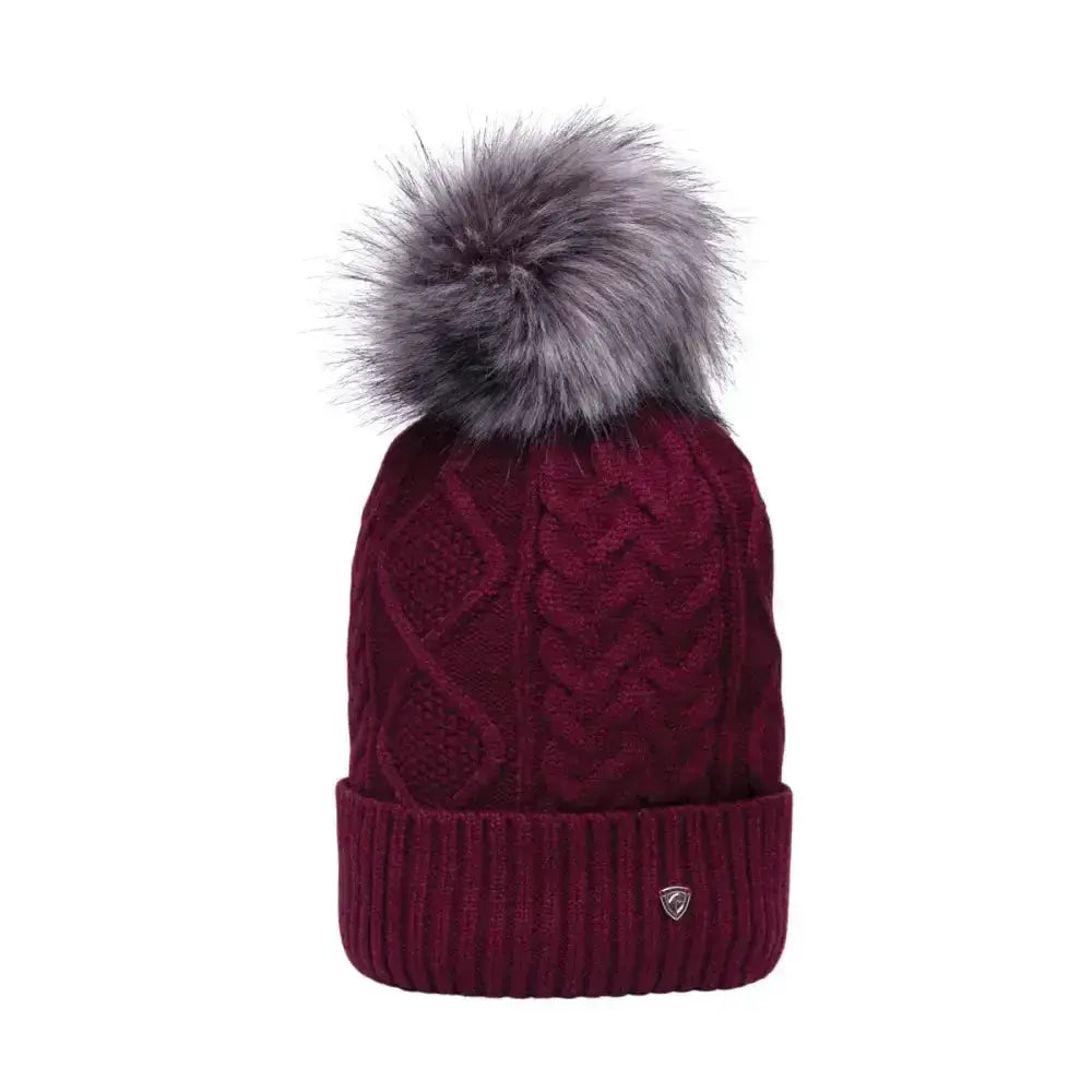 Maroon equestrian vanoise knitted bobble hat with a gorgeous cable knit and gray faux fur pom pom