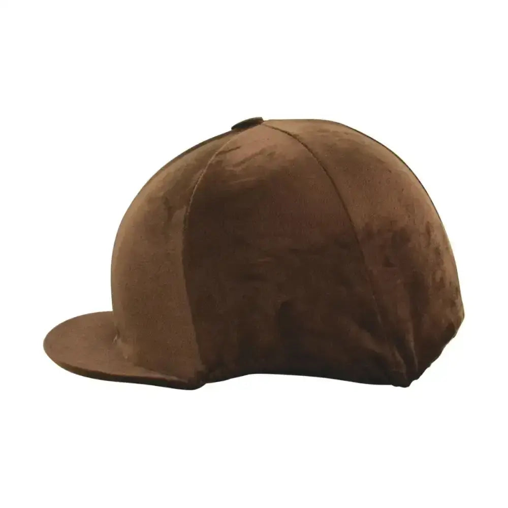 Brown suede hy equestrian velour soft velvet hat cover with flat brim and stitched paneling for classic velour velvet look
