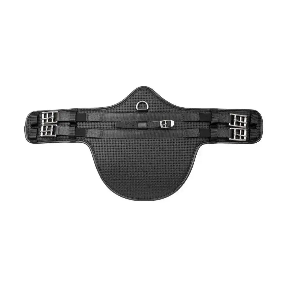 Black horse saddle pad with textured breathable mesh and silver buckles for hycomfort waffle stud monoflap saddles