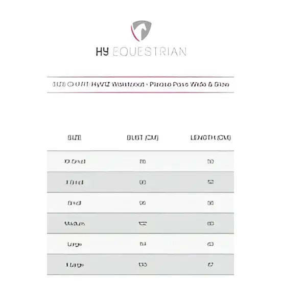 Hyequestrian hyviz waistcoat size chart showing bust and length measurements in cm from xx small to xlarge for pass wide and slow