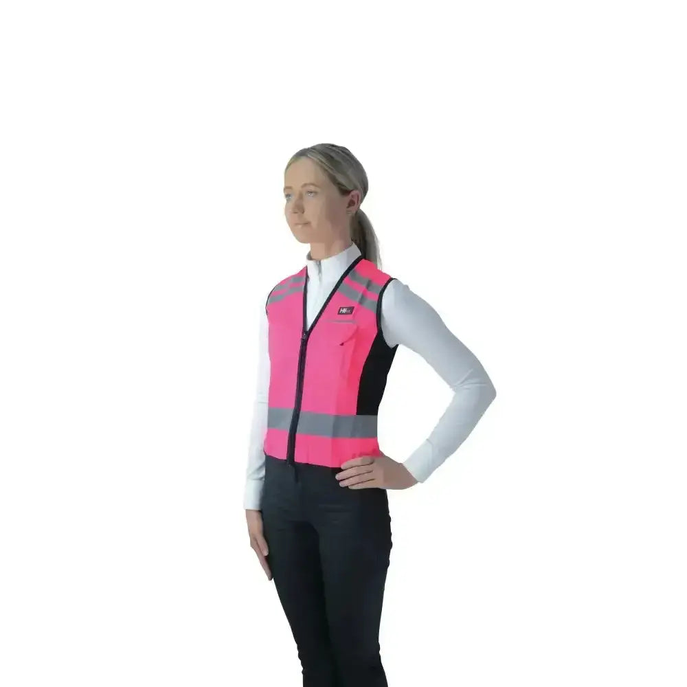 A bright pink and black hyviz equestrian waistcoat with gray reflective stripes for pass wide and slow safety