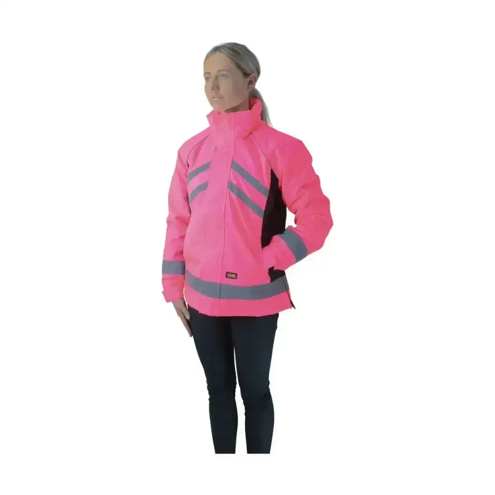 Bright pink hy equestrian waterproof riding jacket with gray reflective stripes for equestrian waterproof riding use