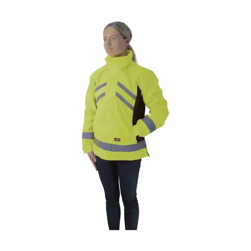 Bright yellow hy equestrian waterproof riding jacket with reflective stripes and black panels for visibility and safety