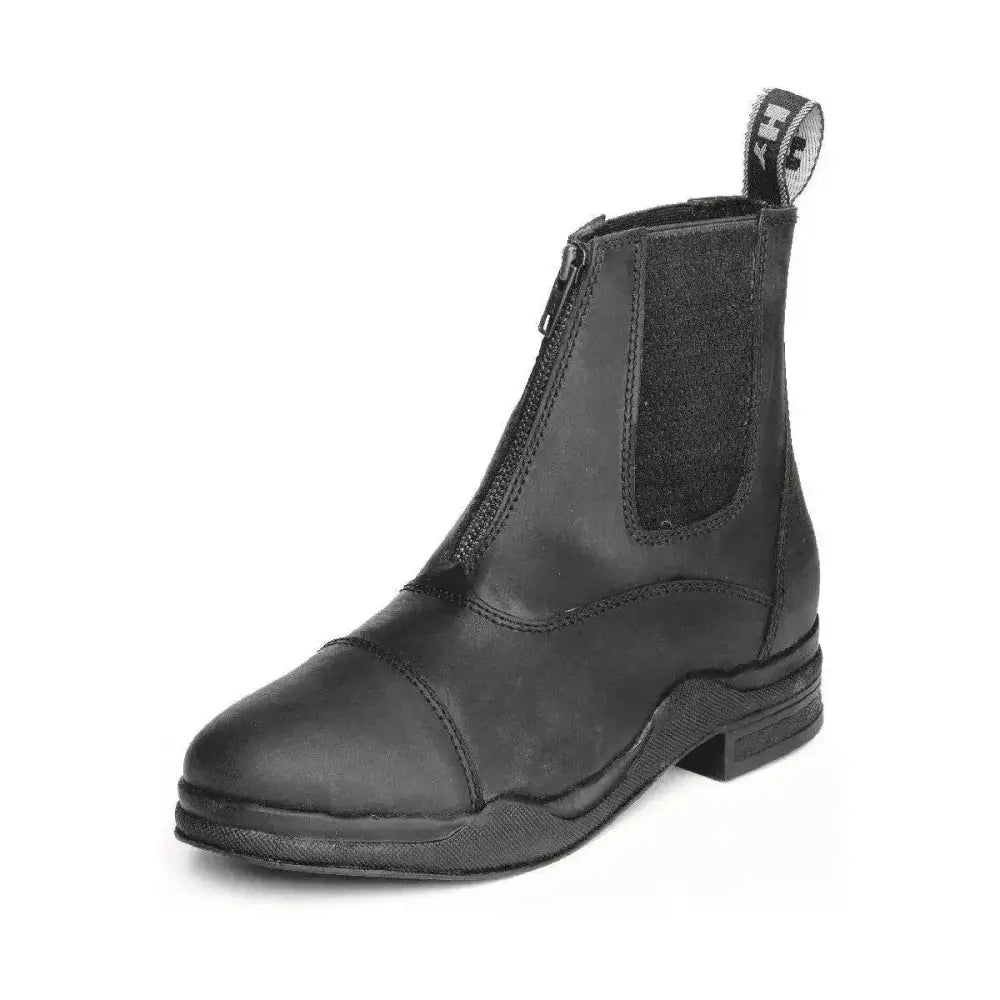 Black hy equestrian wax leather zip boot with side zipper and elastic panel for easy wear and style