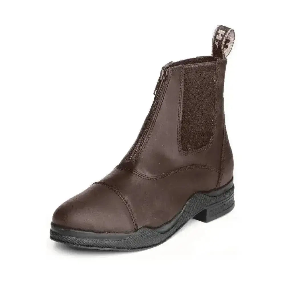 Brown equestrian wax leather zip fronted boot with zipper closure and elastic side panels for riding use