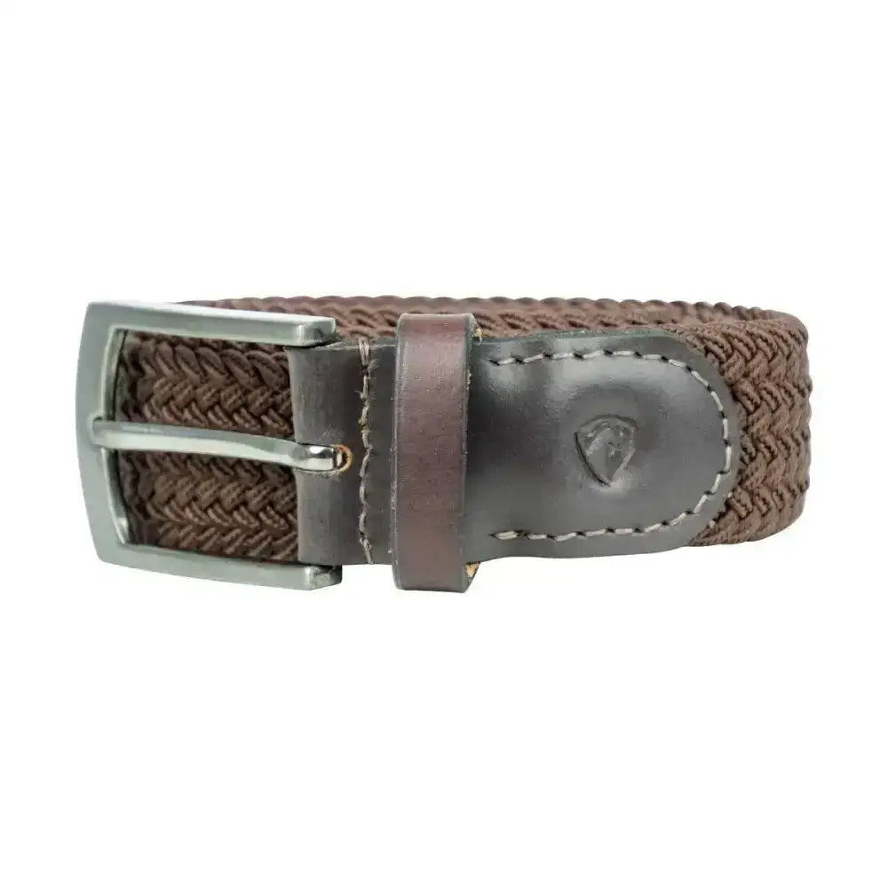 Hy equestrian woven elastic belt in brown with silver buckle and dark brown leather keeper for stylish equestrian wear