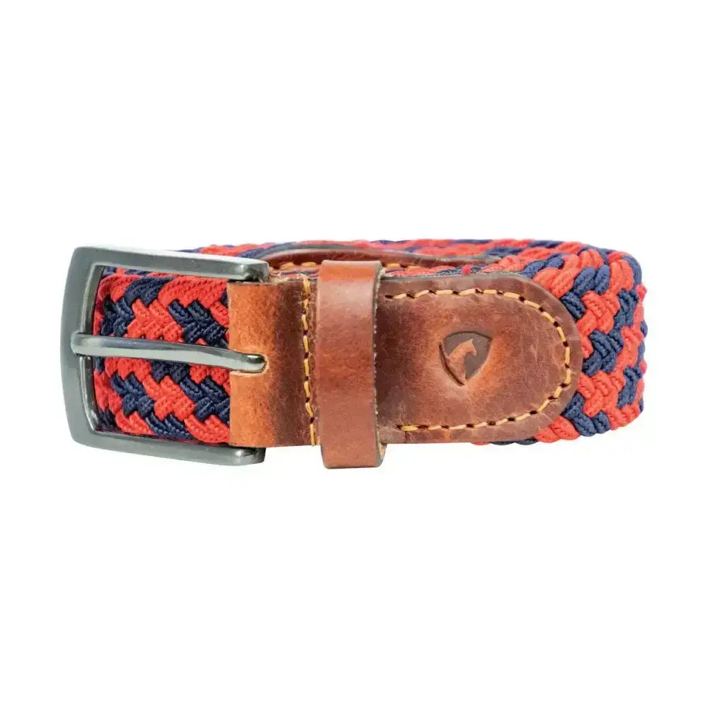 Red and navy blue hy equestrian woven elastic belt with silver buckle and brown leather tab perfect for equestrian wear