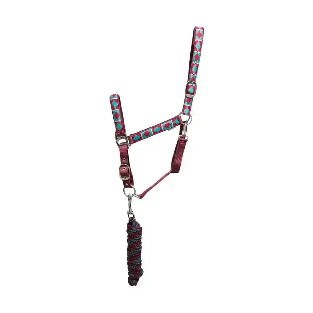 Hy Equestrian woven polo head collar and lead rope in maroon and teal with stylish woven aztec pattern