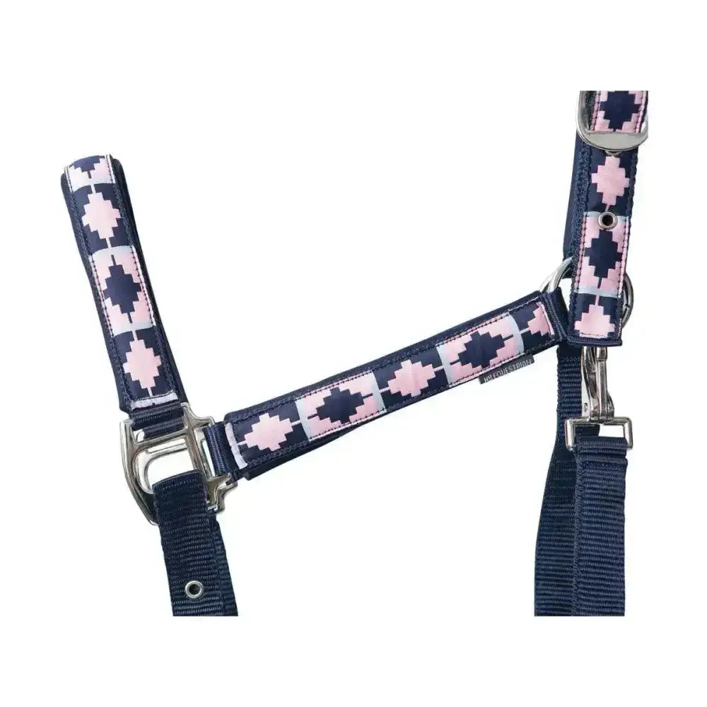 Navy blue and pink equestrian woven polo head collar featuring a stylish woven aztec pattern with silver hardware